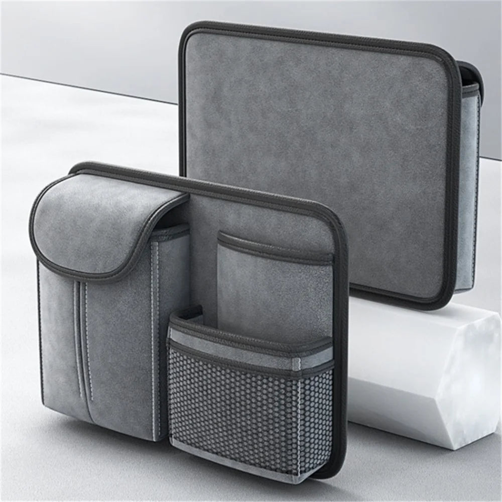 Sheepskin Leather Car Seat Back Organizer Tissue Holder Multi-function Storage Bag - Grey - 3