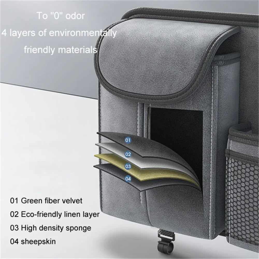 Sheepskin Leather Car Seat Back Organizer Tissue Holder Multi-function Storage Bag - Grey - 4