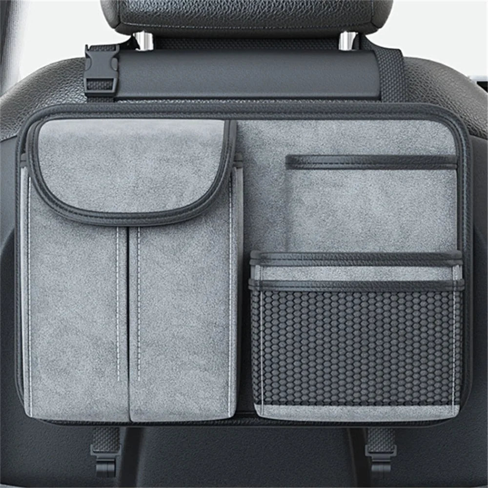 Sheepskin Leather Car Seat Back Organizer Tissue Holder Multi-function Storage Bag - Grey - 5