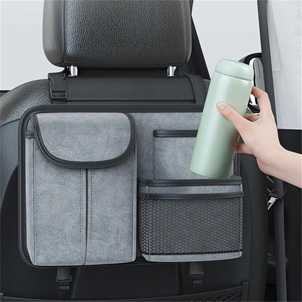 Sheepskin Leather Car Seat Back Organizer Tissue Holder Multi-function Storage Bag - Grey - 6