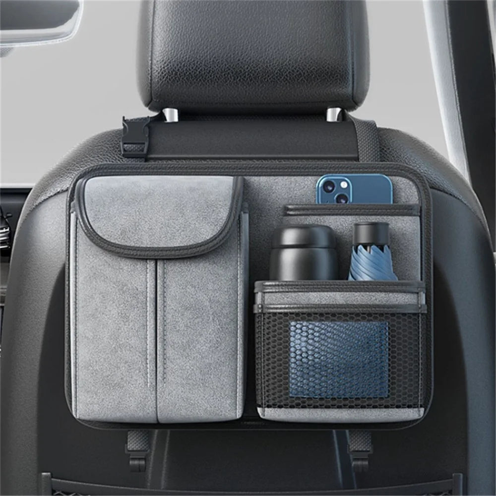 Sheepskin Leather Car Seat Back Organizer Tissue Holder Multi-function Storage Bag - Grey - 7