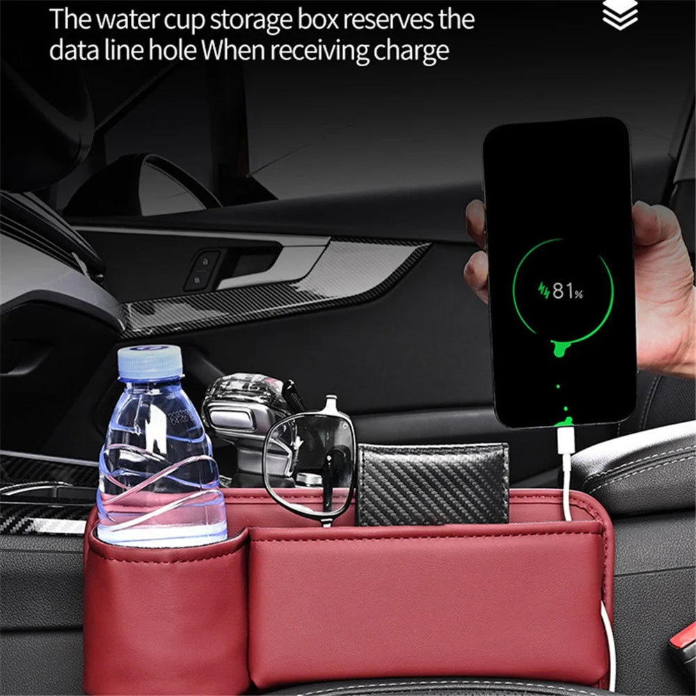 Universal Car Seat Gap Filler Organizer PU Car Seat Gap Filler Storage Box with Cup Holder - Red / Driver Side - 4