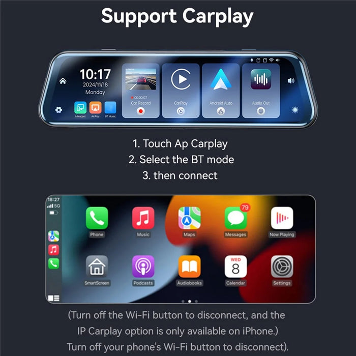 YESIDO KM24 Carplay Streaming Rearview Mirror Dash Cam Android Auto Airplay Screen - 6