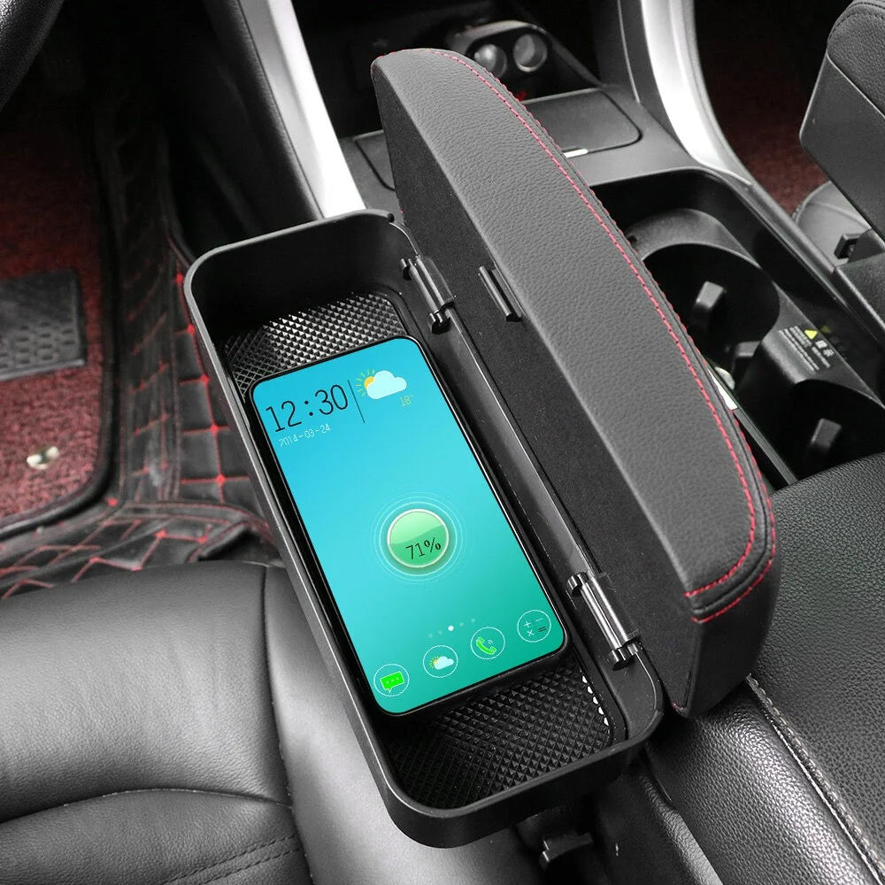 DERANFU Car Center Console Arm Rest Box Elbow Support Seat Gap Organizer Box with Wireless Charging Function - Black/White Line - 2