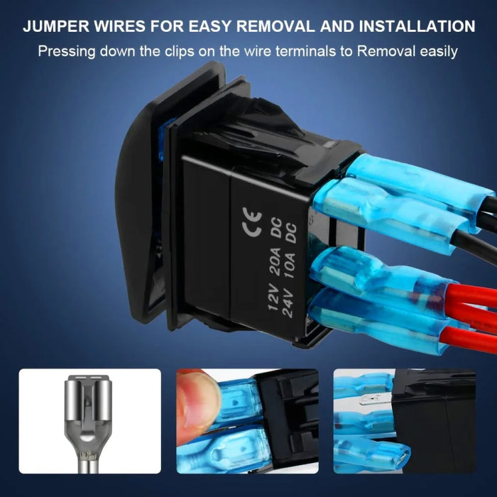 Horn Button Momentary Rocker Switch LED Light 12V 20A / 24V 10A Switch with Jumper Wires Set - 4