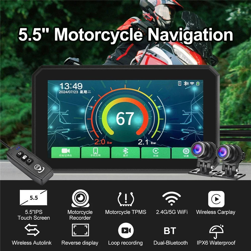AC200 5.5-inch Screen Motorbike Camcorder DVR Carplay Tire Pressure Monitor Motorcycle Video Recorder - 3