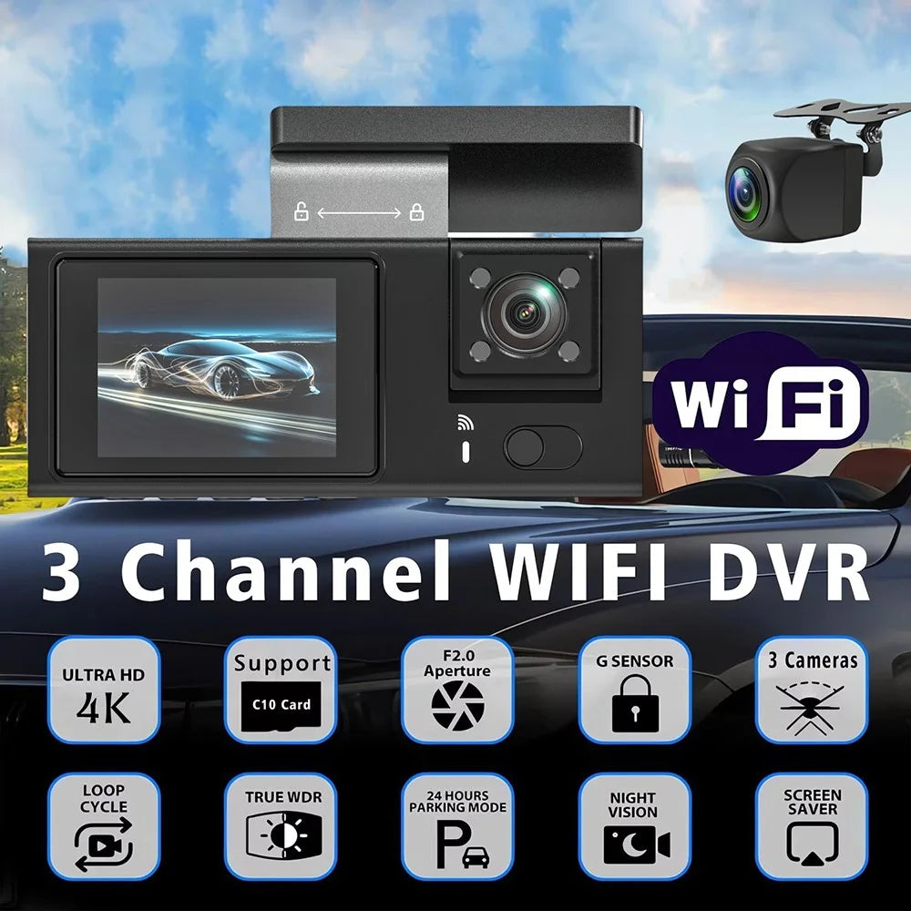 Y08 2.0 Inch IPS Screen 4K Dash Cam Front + Inside + Rear 3 Lens WiFi Car DVR Built-in G-Sensor - 4