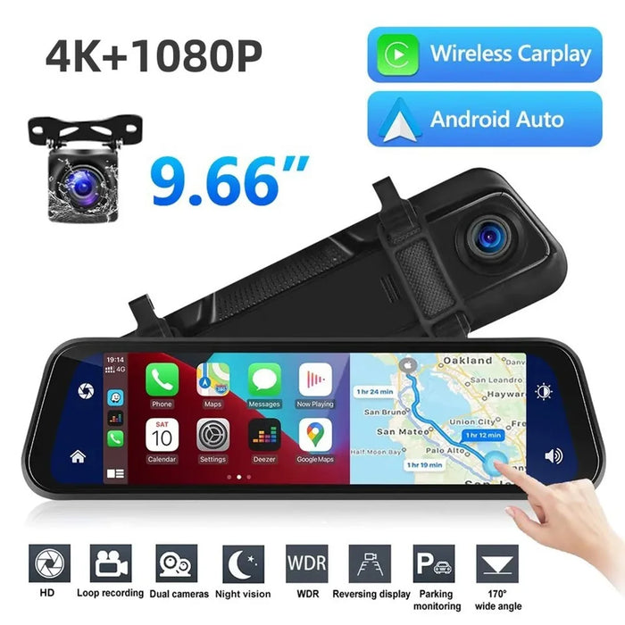 904 9.66 inch Touchscreen Dash Cam CarPlay Full-Screen Streaming Rearview Mirror 4K+1080P Dual Lens Car DVR with Night Vision  /  Emergency Recording - 2