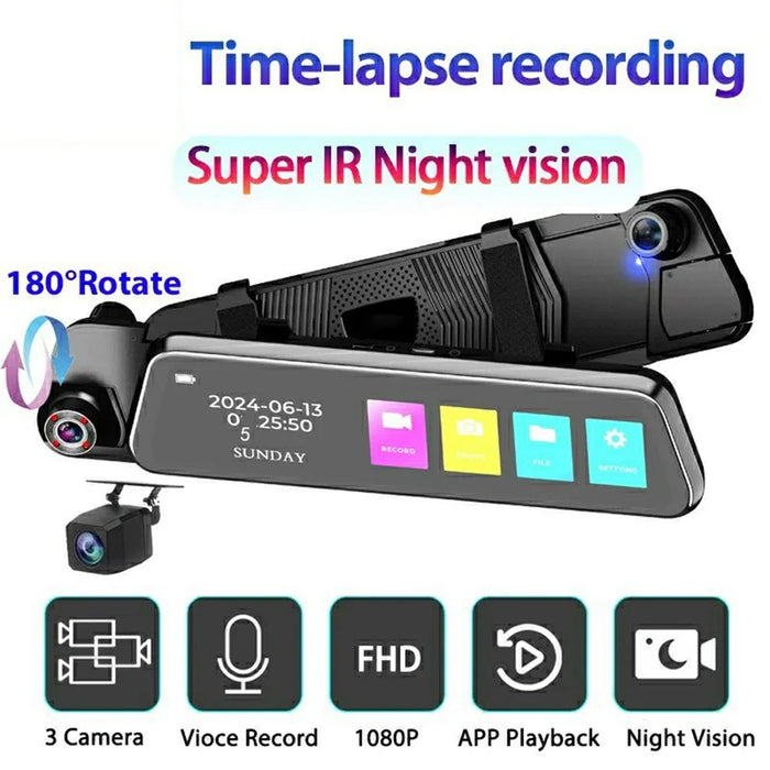8402 Triple Display WiFi 1080P HD Reverse Camera 10 Inch Touchscreen Rearview Mirror Dash Cam - 2