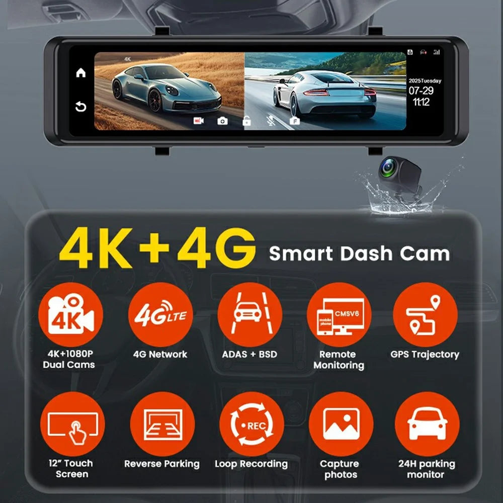 V7 12 Inch Touchscreen Car Dash Cam 4K Front and 1080P Rear Dual Camera ADAS+BSD Video Recorder - 2