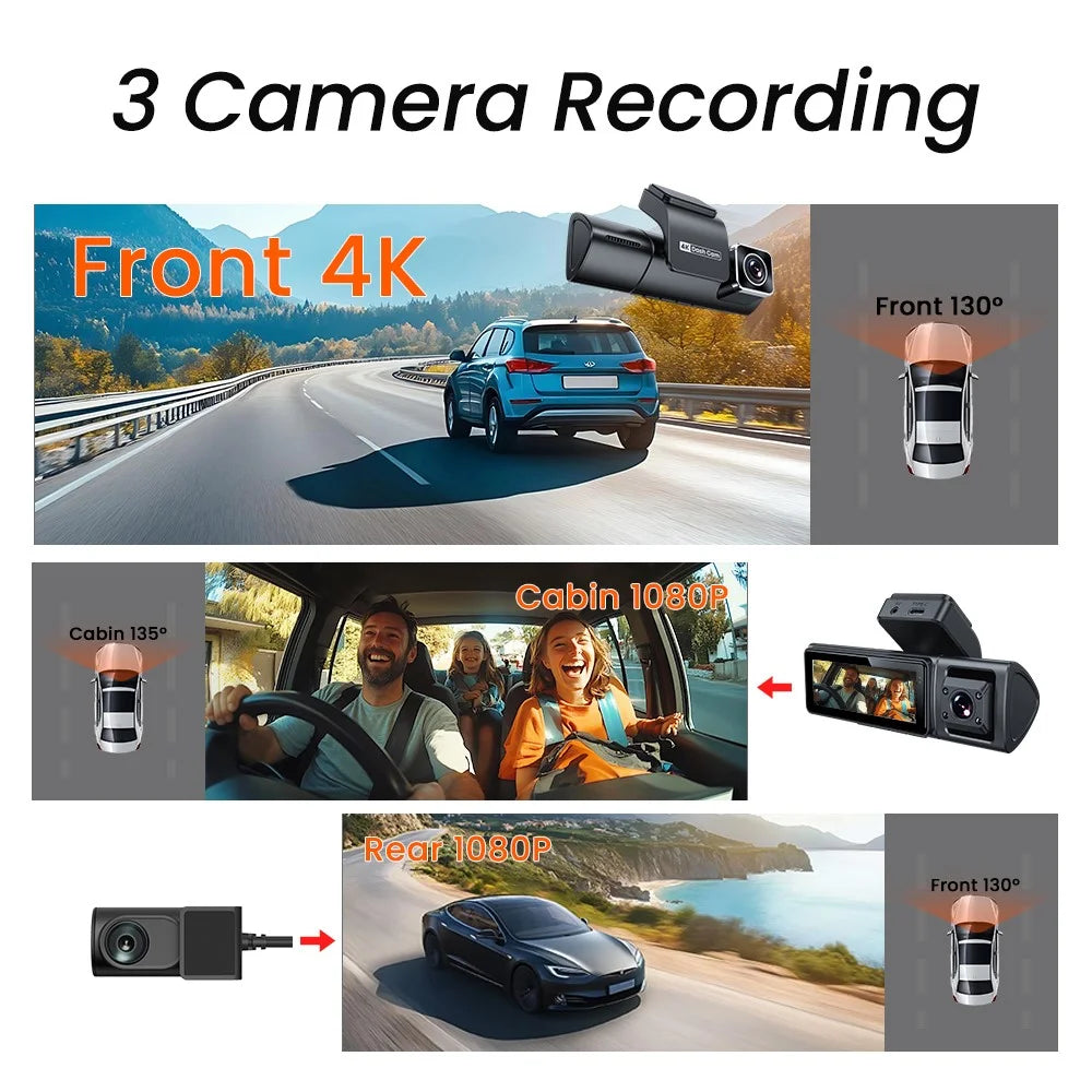 F9 3 Channels Dash Cam GPS 4K Front + 1080P Inside and Rear Night Vision Car Camera Support WiFi App Control - 2