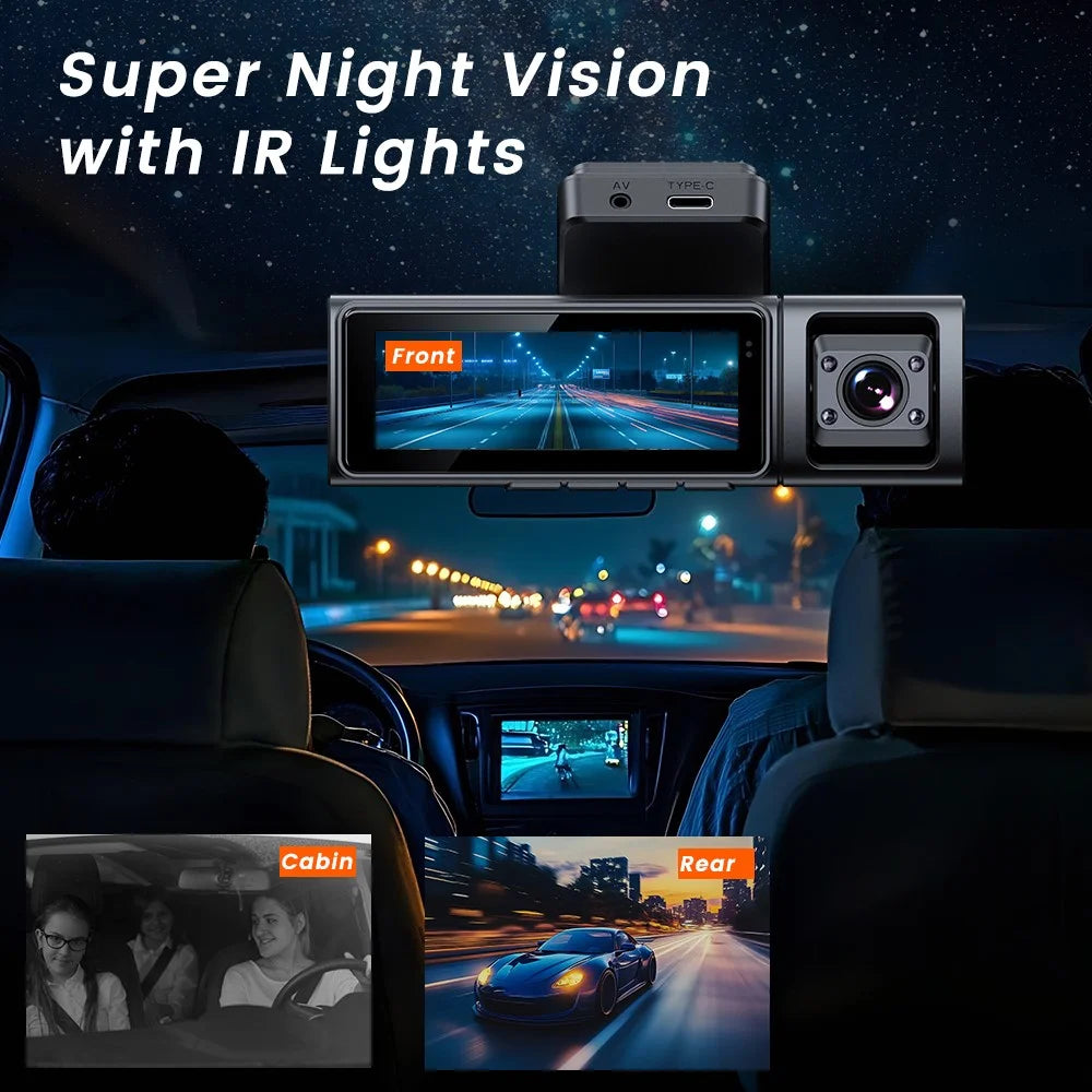F9 3 Channels Dash Cam GPS 4K Front + 1080P Inside and Rear Night Vision Car Camera Support WiFi App Control - 4