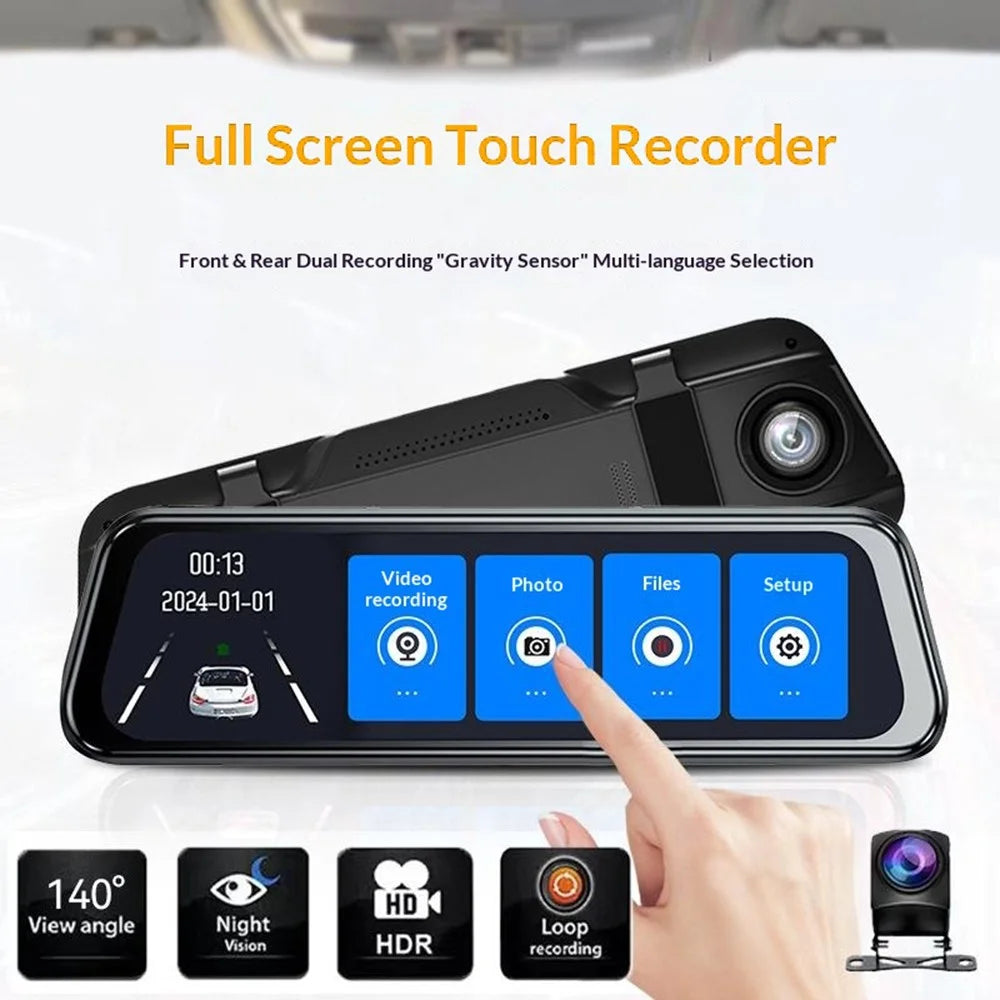 H111-TP HD Streaming Card Recorder Dash Cam 9.66 Inch IPS Touch Screen Dual Lens HD Night Vision Rearview Mirror DVR - 2