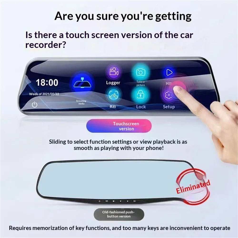 H111-TP HD Streaming Card Recorder Dash Cam 9.66 Inch IPS Touch Screen Dual Lens HD Night Vision Rearview Mirror DVR - 4