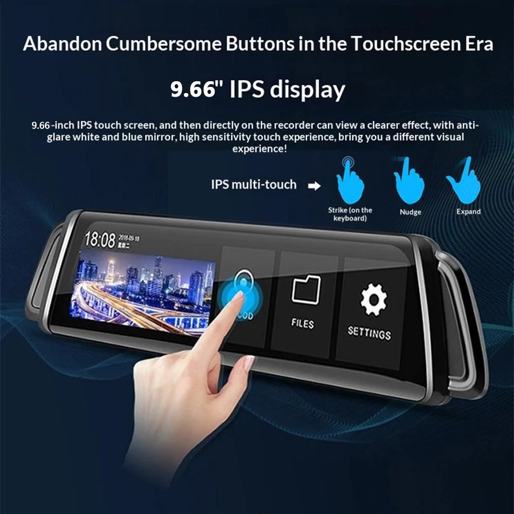 H111-TP HD Streaming Card Recorder Dash Cam 9.66 Inch IPS Touch Screen Dual Lens HD Night Vision Rearview Mirror DVR - 6