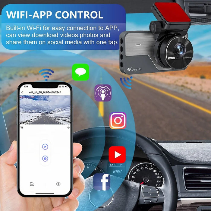 Y06 4K Front + 2K Rear Dash Cam 3.0 Inch IPS Screen Loop Recording Night Vision Driving Recorder Camera - Black - 6