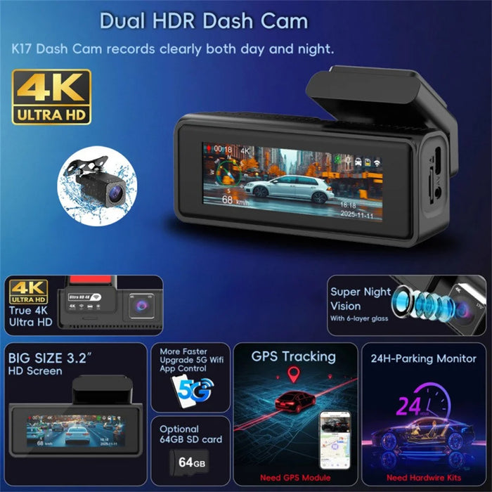 K17 Dual 4K Dash Cam Front and Rear Camera HDR Night Vision ADAS GPS Tracking 24H Parking Monitor Car DVR - Black - 2