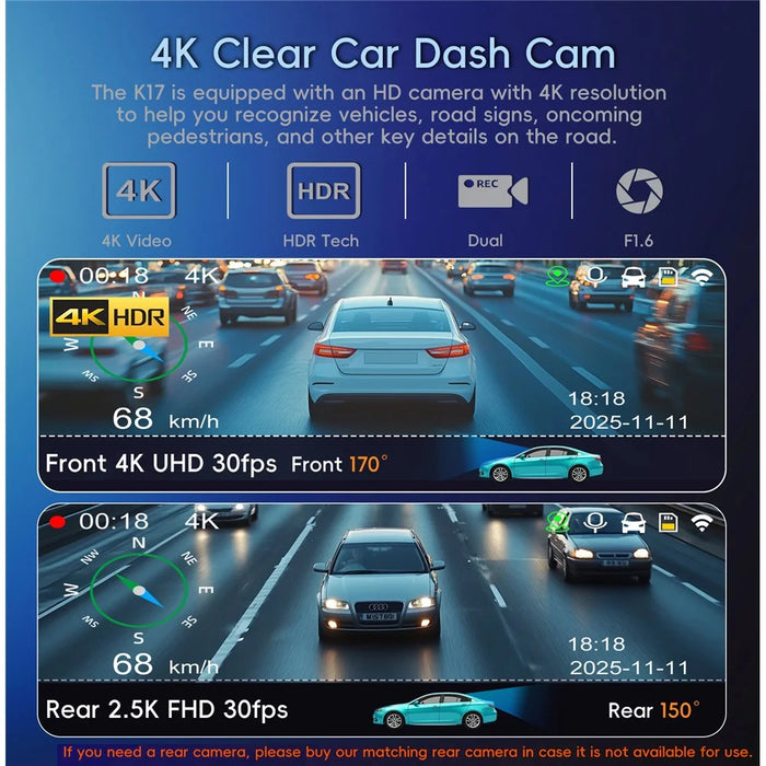 K17 Dual 4K Dash Cam Front and Rear Camera HDR Night Vision ADAS GPS Tracking 24H Parking Monitor Car DVR - Black - 3