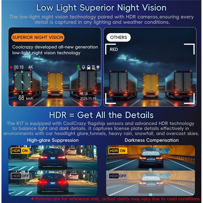 K17 Dual 4K Dash Cam Front and Rear Camera HDR Night Vision ADAS GPS Tracking 24H Parking Monitor Car DVR - Black - 4
