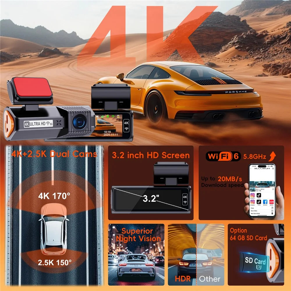 K19 4K Dash Cam ADAS Front Rear Dual Camera GPS 5G WiFi Night Vision Loop Recording Dash Camera Car DVR - Black - 2