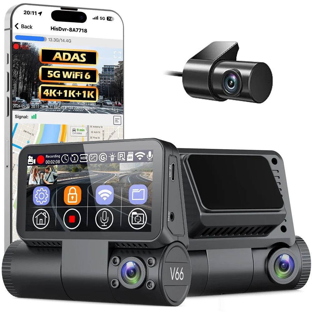 V66 Dash Cam 4K Touch Screen 3-Channel Front Cabin Rear Camera 5GHz WiFi GPS ADAS Night Vision Car DVR - Black - 1