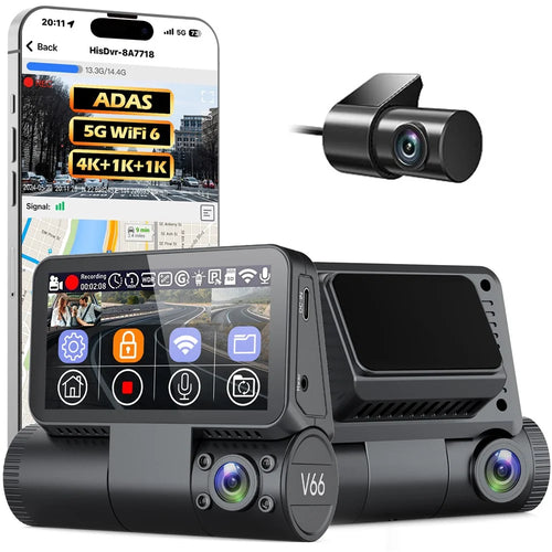 V66 Dash Cam 4K Touch Screen 3-Channel Front Cabin Rear Camera 5GHz WiFi GPS ADAS Night Vision Car DVR - Black - 1