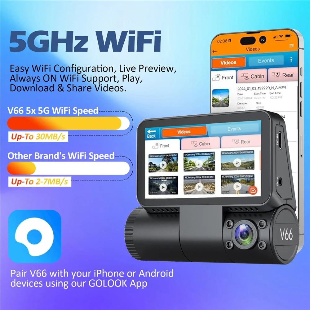 V66 Dash Cam 4K Touch Screen 3-Channel Front Cabin Rear Camera 5GHz WiFi GPS ADAS Night Vision Car DVR - Black - 3
