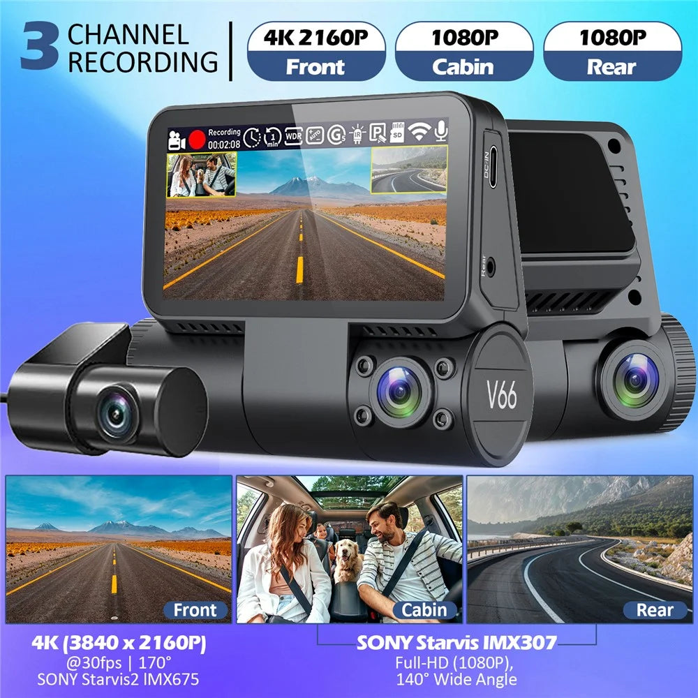 V66 Dash Cam 4K Touch Screen 3-Channel Front Cabin Rear Camera 5GHz WiFi GPS ADAS Night Vision Car DVR - Black - 4