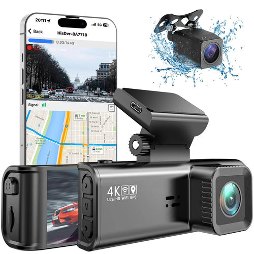 V56 4K 1080P Dash Cam Front Rear Camera GPS 5GHz WiFi Night Vision Parking Monitor Car DVR - Black - 1