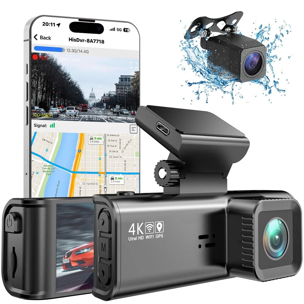 V56 4K 1080P Dash Cam Front Rear Camera GPS 5GHz WiFi Night Vision Parking Monitor Car DVR - Black - 1