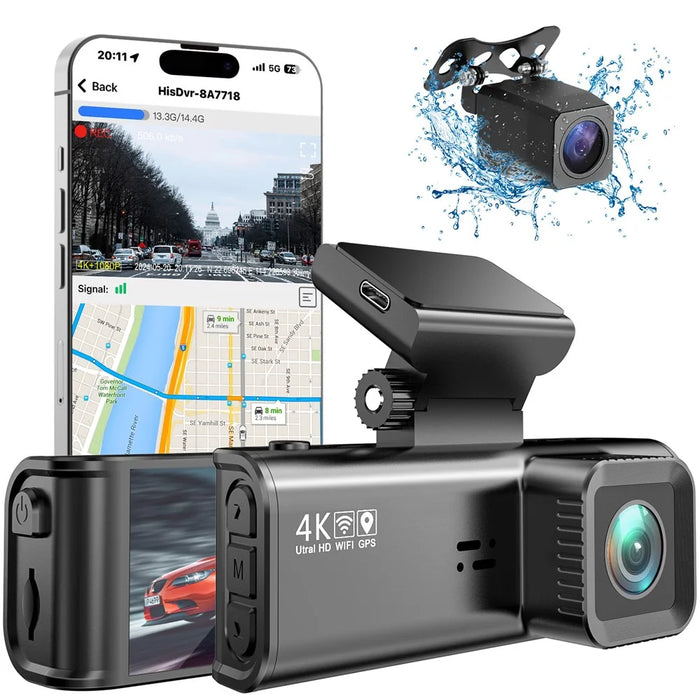 V56 4K 1080P Dash Cam Front Rear Camera GPS 5GHz WiFi Night Vision Parking Monitor Car DVR - Black - 1