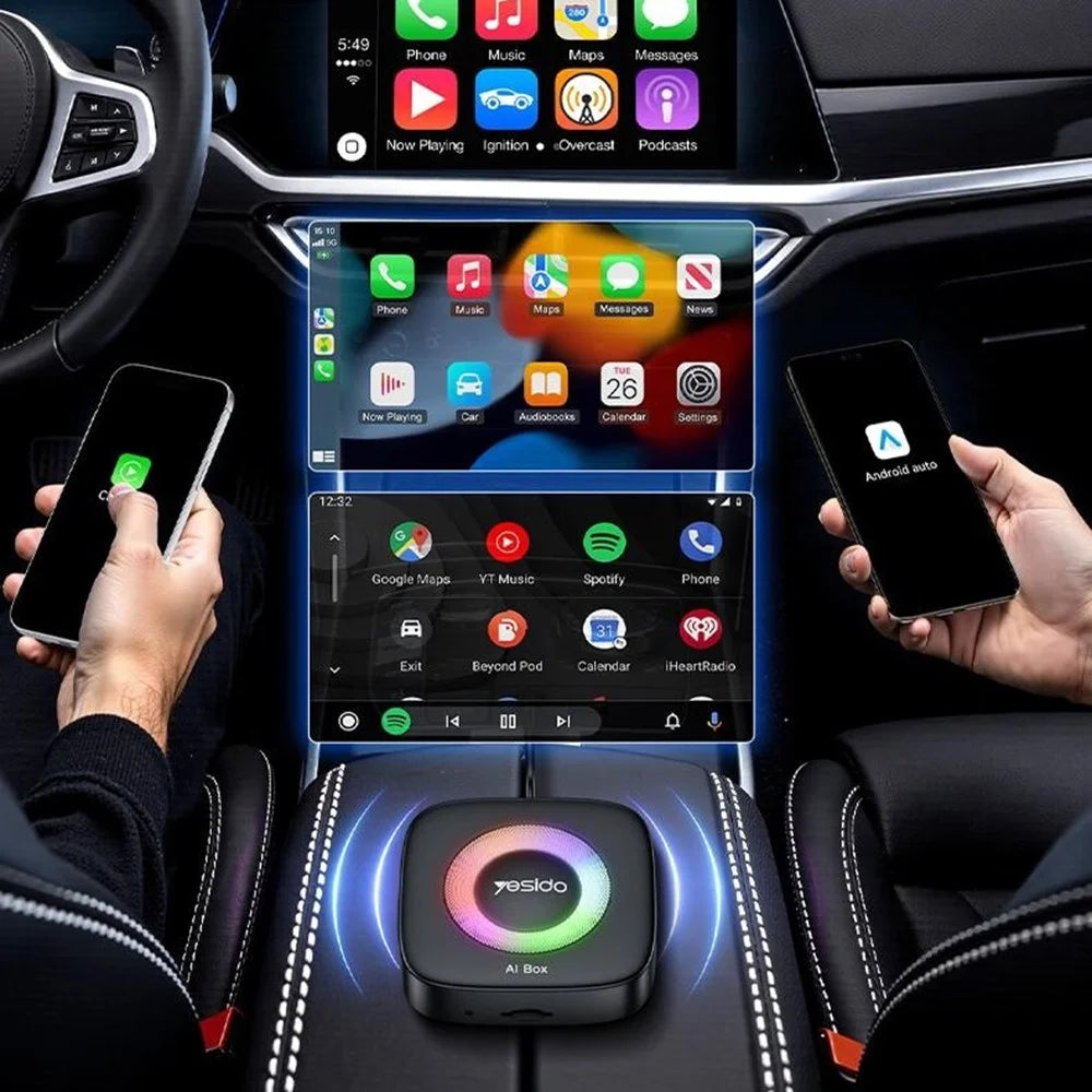 YESIDO KM33 Wireless CarPlay Android Auto AI Box 3 in 1 Dual Band WiFi Bluetooth-compatible 5.0 with RGB Light - Black - 7