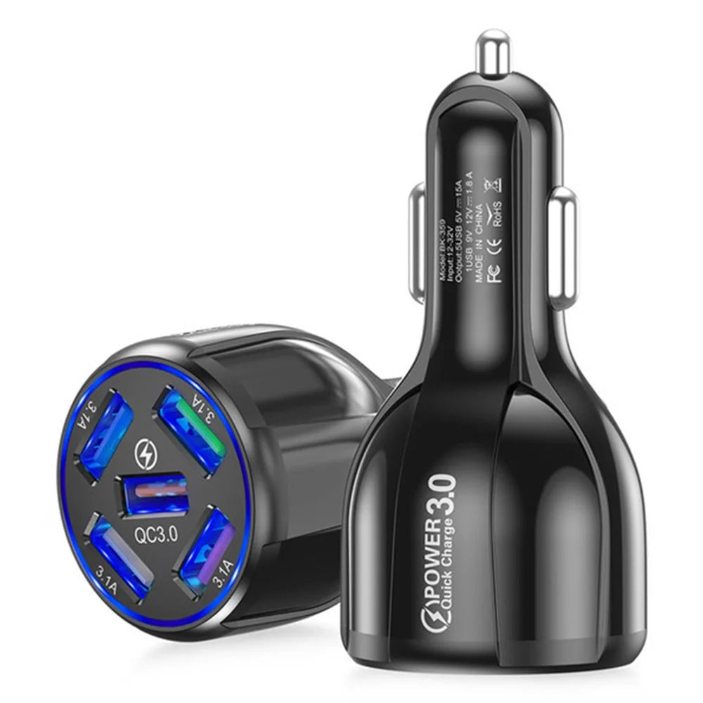 BK-359 Five Charging Ports Car Charger QC 3.0 USB Fast Car Charging Power Adapter - Black - 1