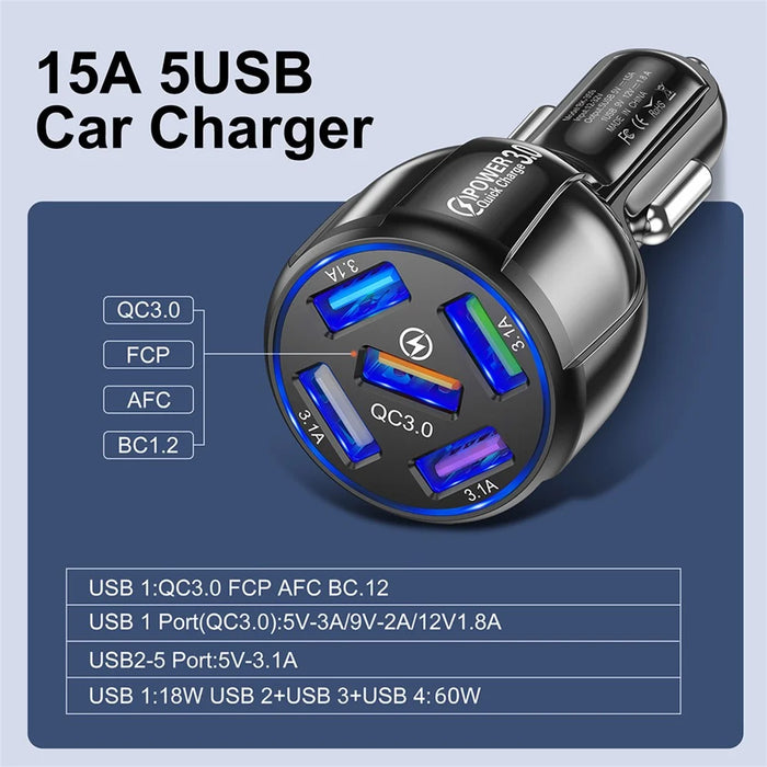 BK-359 Five Charging Ports Car Charger QC 3.0 USB Fast Car Charging Power Adapter - Black - 5