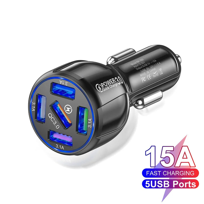 BK-359 Five Charging Ports Car Charger QC 3.0 USB Fast Car Charging Power Adapter - Black - 6