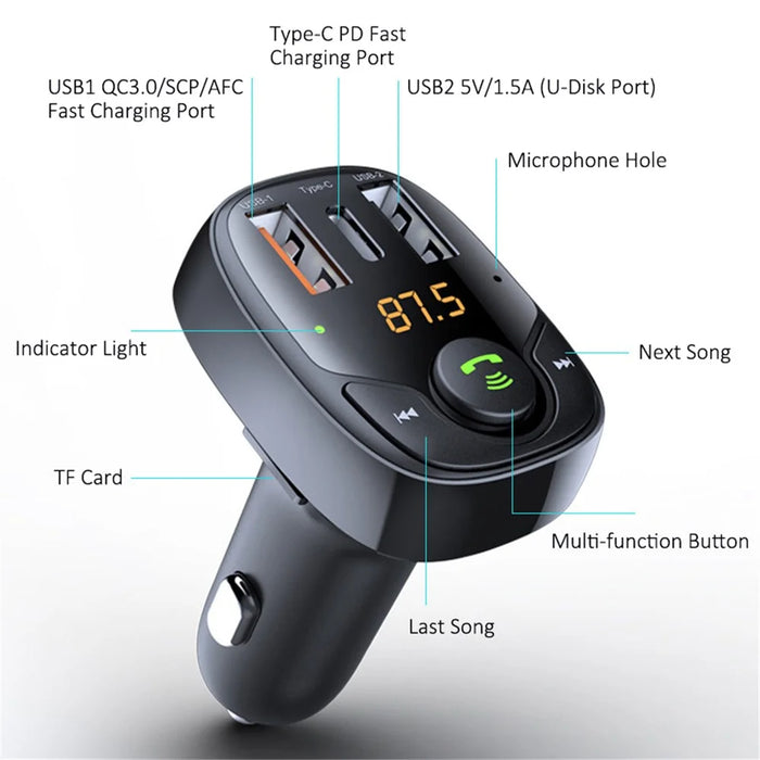 LOHEE S-15PD QC PD 3-Port Bluetooth-compatible Calls Fast Charging Car Charger Bluetooth-compatible Music Player Cigarette Lighter Adapter - Black - 6