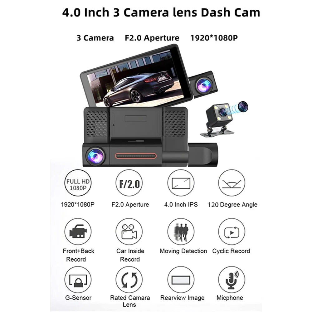 H208 4" IPS Screen 2.5D 3-Lens Car Dash Cam Full HD 1080P Car Video Recorder 120-Degree Wide Angle Car Recorder - 3