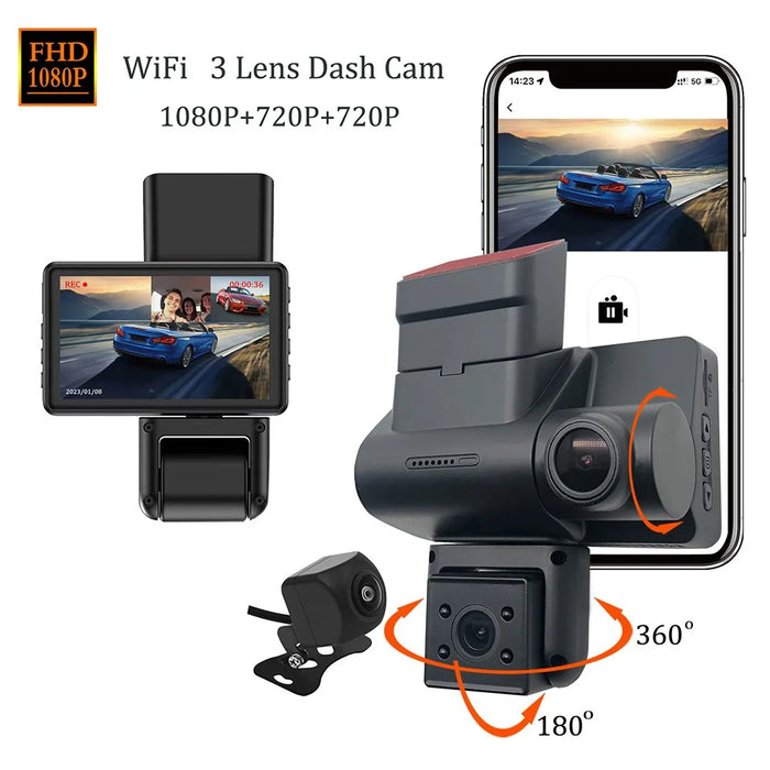 JX606 WiFi Car DVR Dash Cam 1080P HD Parking Monitoring Loop Recording 3 Cameras Driving Recorder - 2