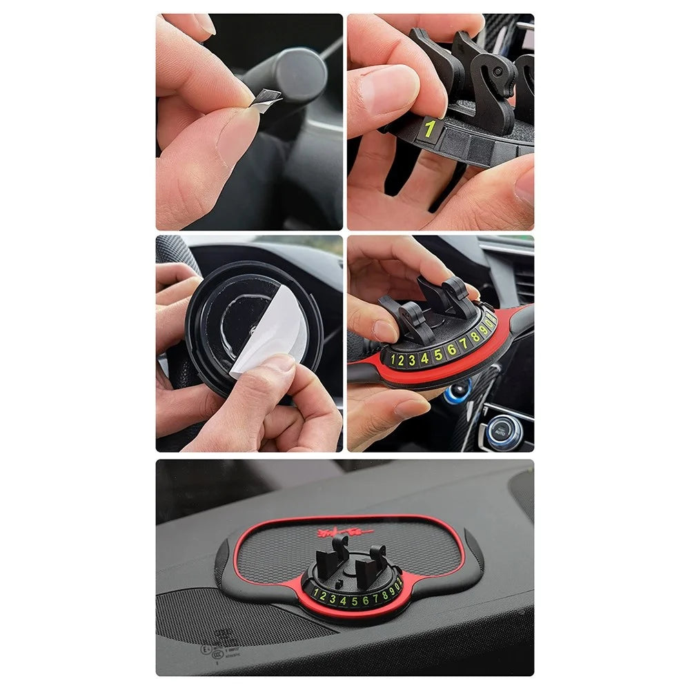 BAVISS B-25 3 in 1 Non-Slip Phone Holder Dashboard Phone Mat with Temporary Car Parking Card Number Plate Anti Shake Pad Phone Stand Mount for Universal Cars - Red - 5