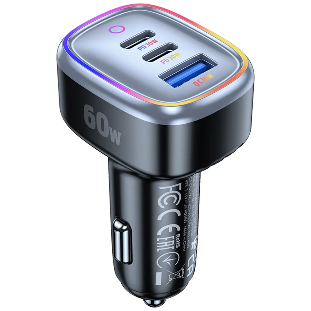C08 60W USB + Dual USB-C Car Charger Cool Ambient Light Phone Fast Charging Power Adapter - 1