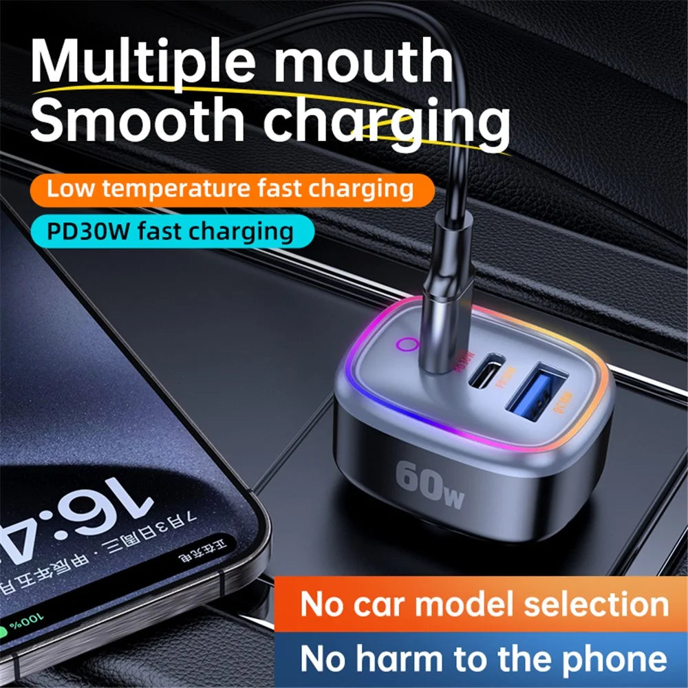 C08 60W USB + Dual USB-C Car Charger Cool Ambient Light Phone Fast Charging Power Adapter - 2