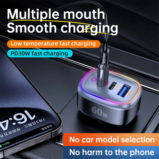 C08 60W USB + Dual USB-C Car Charger Cool Ambient Light Phone Fast Charging Power Adapter - 2