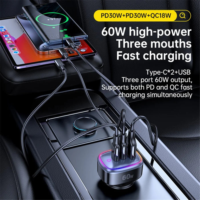 C08 60W USB + Dual USB-C Car Charger Cool Ambient Light Phone Fast Charging Power Adapter - 3