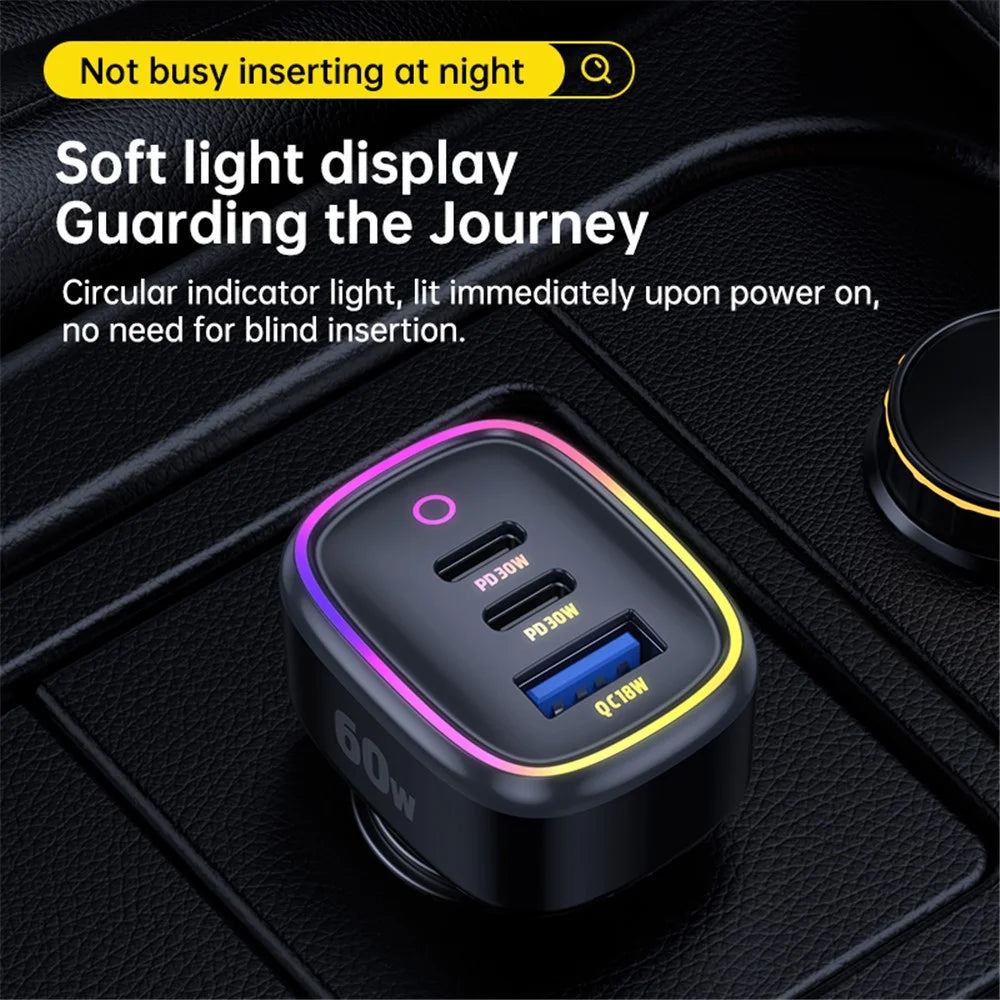 C08 60W USB + Dual USB-C Car Charger Cool Ambient Light Phone Fast Charging Power Adapter - 5
