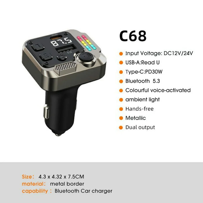 C68 Bluetooth-compatible FM Transmitter Car Adapter PD 30W Dual Port Car Charger Music Player Hands-Free Call - 2
