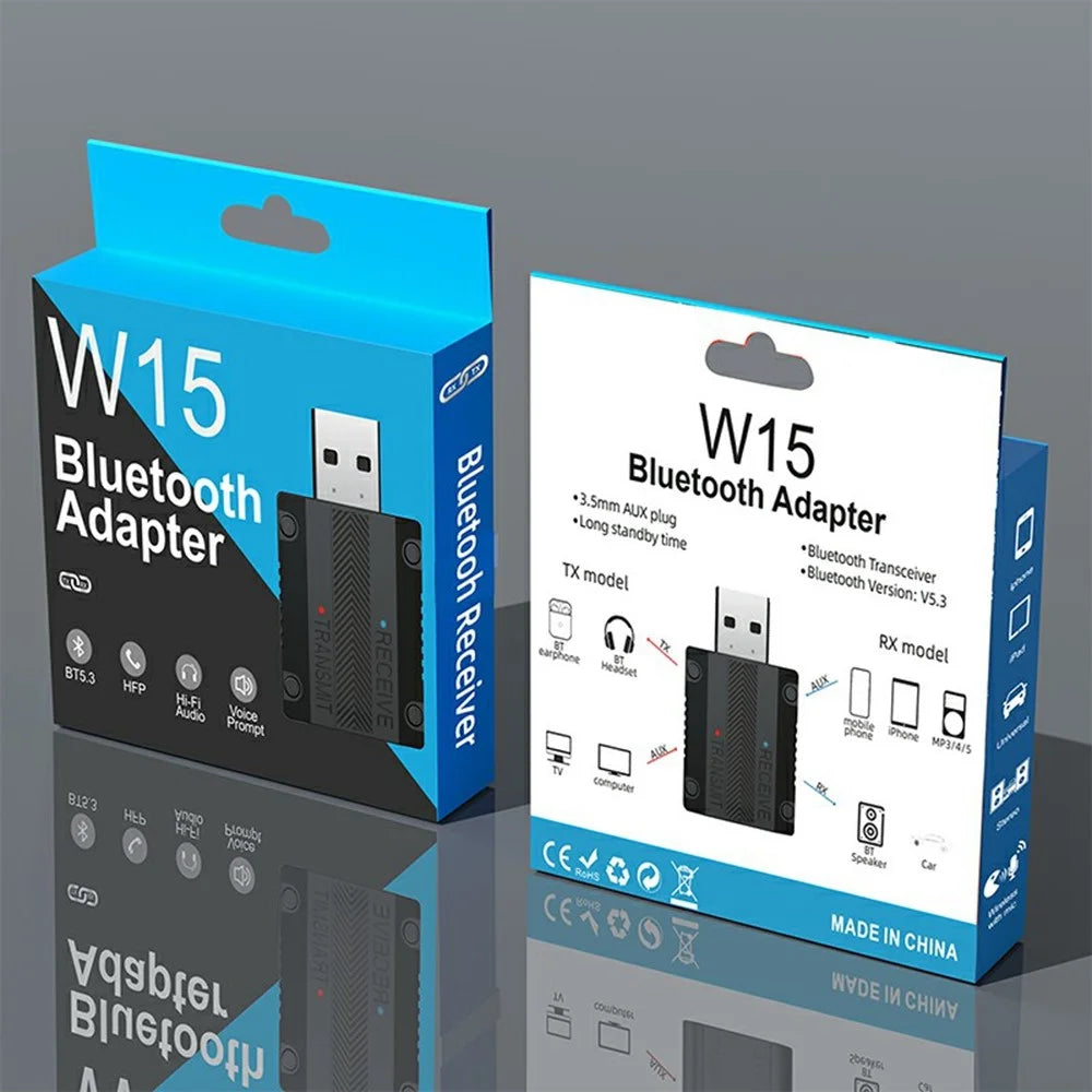 W15 2 In 1 Car Audio Transmitter Receiver Bluetooth-compatible 5.3 AUX Adapter USB Dongle - 7