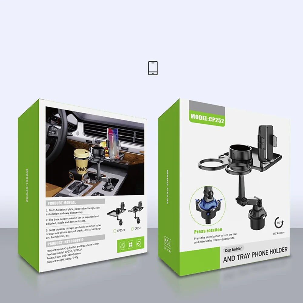 CP252A Universal Multifunction Car Cup Holder Mount Cell Phone Clamp Bracket with Dual Food Tray - 7