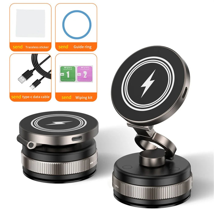D1W Magnetic Car Phone Holder Wireless Charger 360° Foldable Vacuum Suction Phone Mount Stand - Black - 2