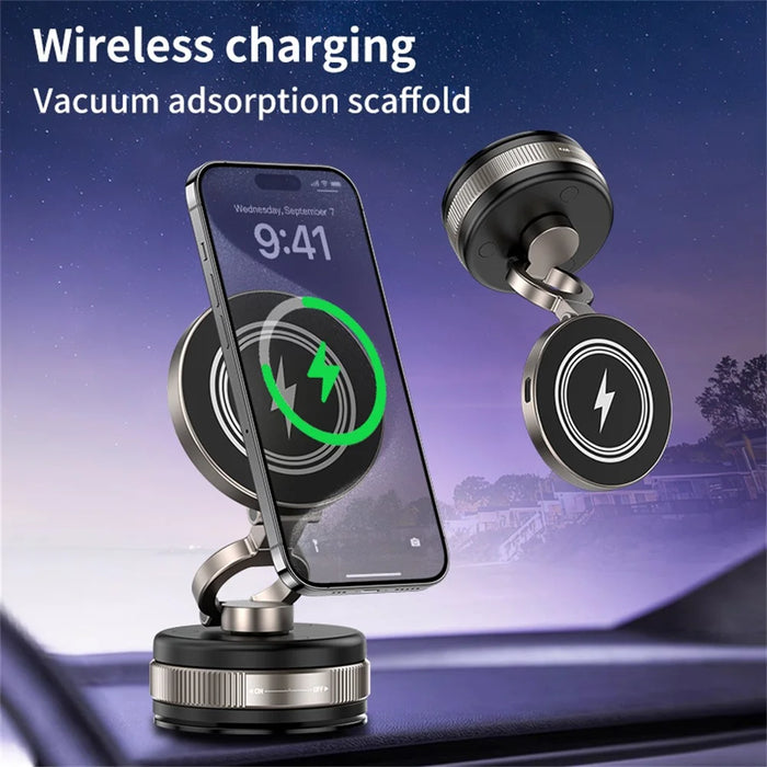 D1W Magnetic Car Phone Holder Wireless Charger 360° Foldable Vacuum Suction Phone Mount Stand - Black - 3