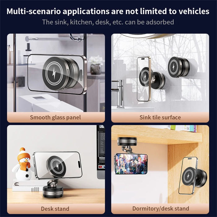 D1W Magnetic Car Phone Holder Wireless Charger 360° Foldable Vacuum Suction Phone Mount Stand - Black - 7